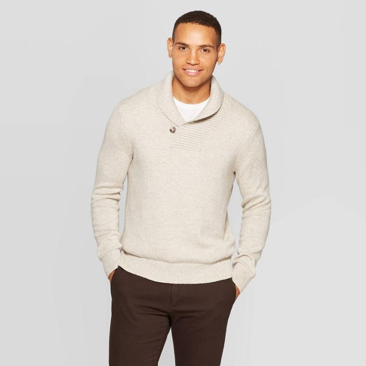 Men's Casual Fit Long Sleeve Shawl Pullover Sweater - Goodfellow & Co Oatmeal S, Men's,