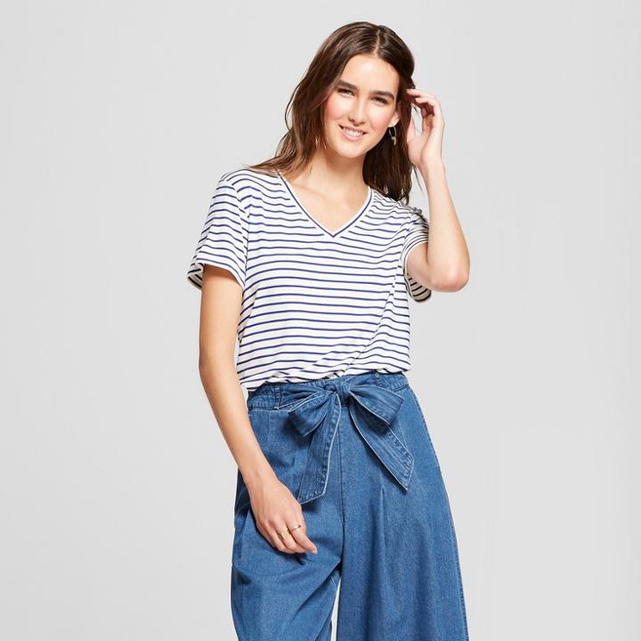 Women's Striped Short Sleeve High To Low Top - Alison Andrews White/blue