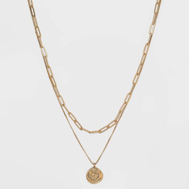 18 Metal Wax Stamp Charm Layered Pendant Necklace - Universal Thread Gold