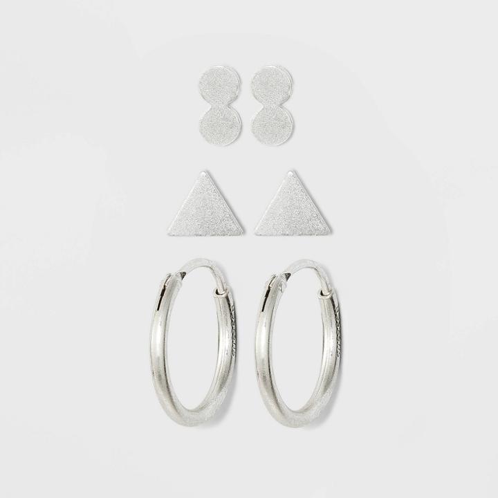 Sterling Silver Recycled Metal Triangle And Endless Hoop Earring Set 3pc - Universal Thread