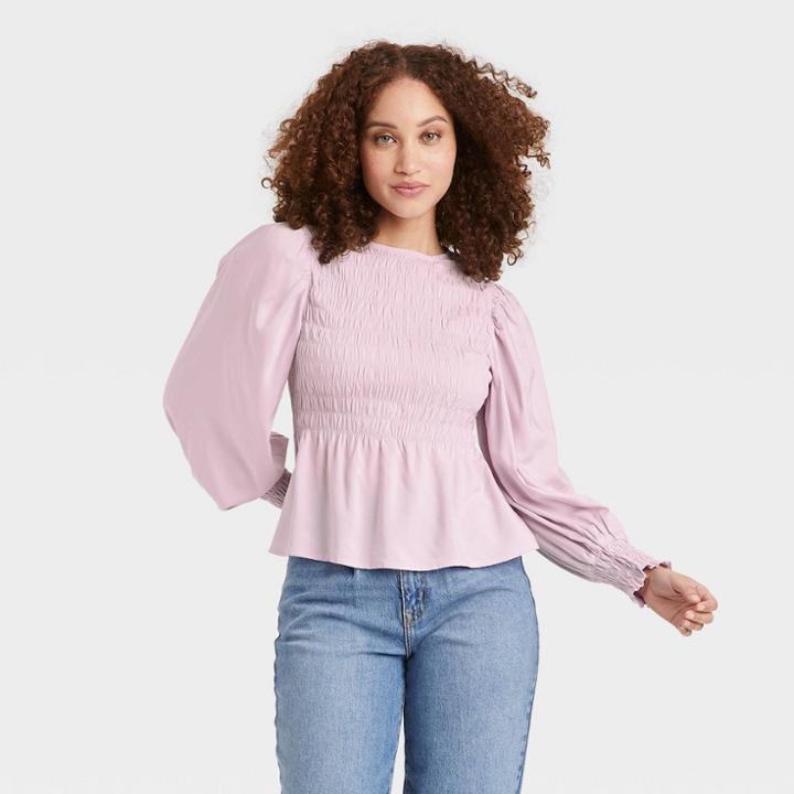 Women's Long Sleeve Smocked Top - A New Day Light Purple