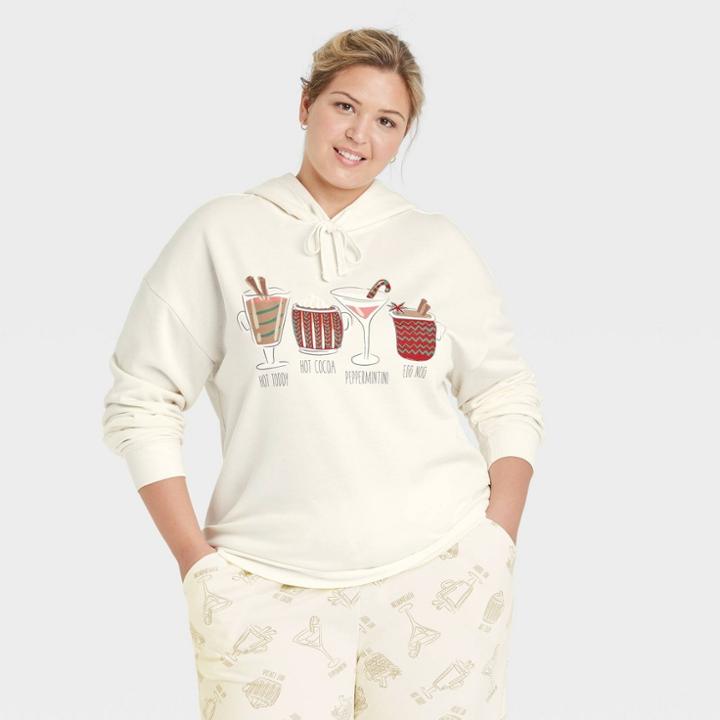 Zoe+liv Women's Plus Size Holiday Cocktails Hooded Graphic Sweatshirt - Ivory