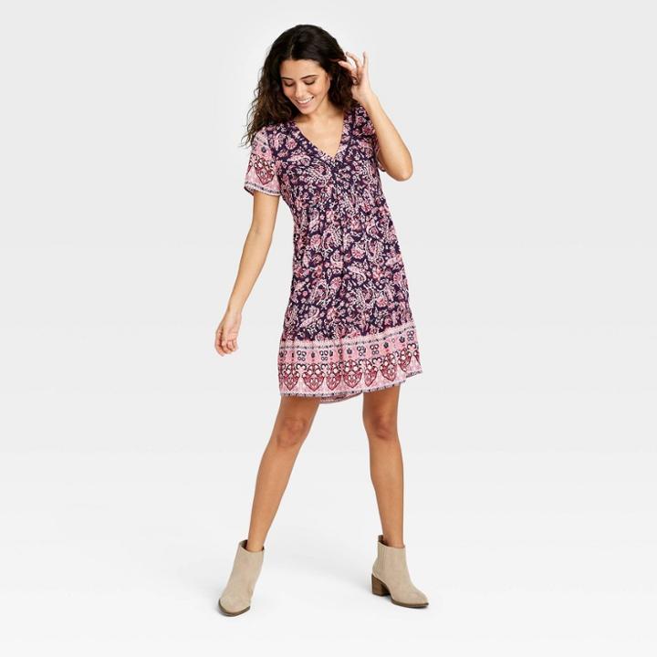 Women's Floral Print Short Sleeve Dress - Knox Rose Navy
