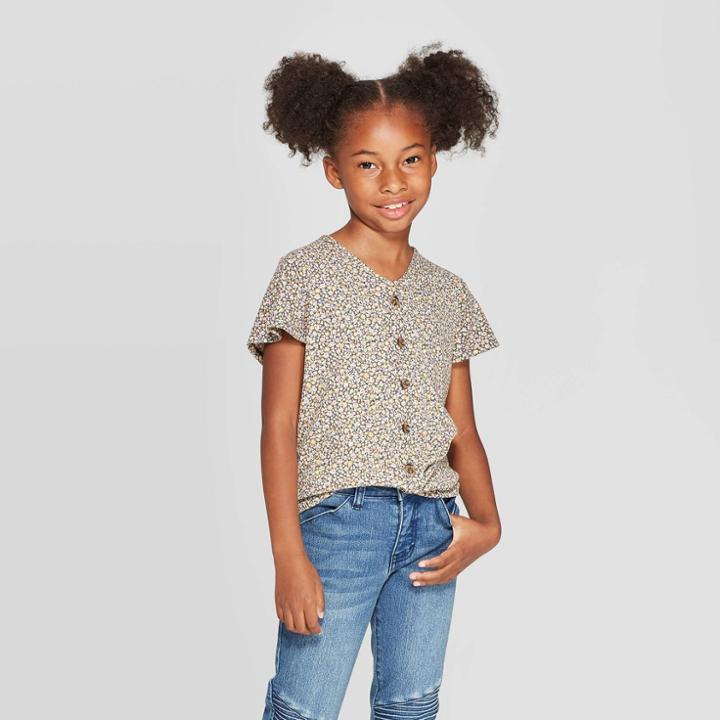 Girls' Short Sleeve Button Front Top - Art Class Black