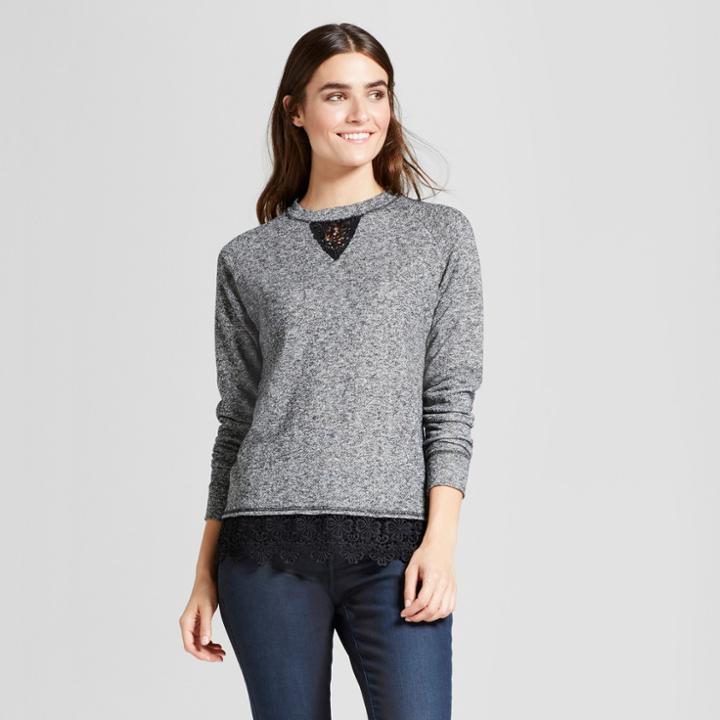 Women's Long Sleeve Crew Neck Lace Hem French Terry Sweatshirt - Alison Andrews Gray