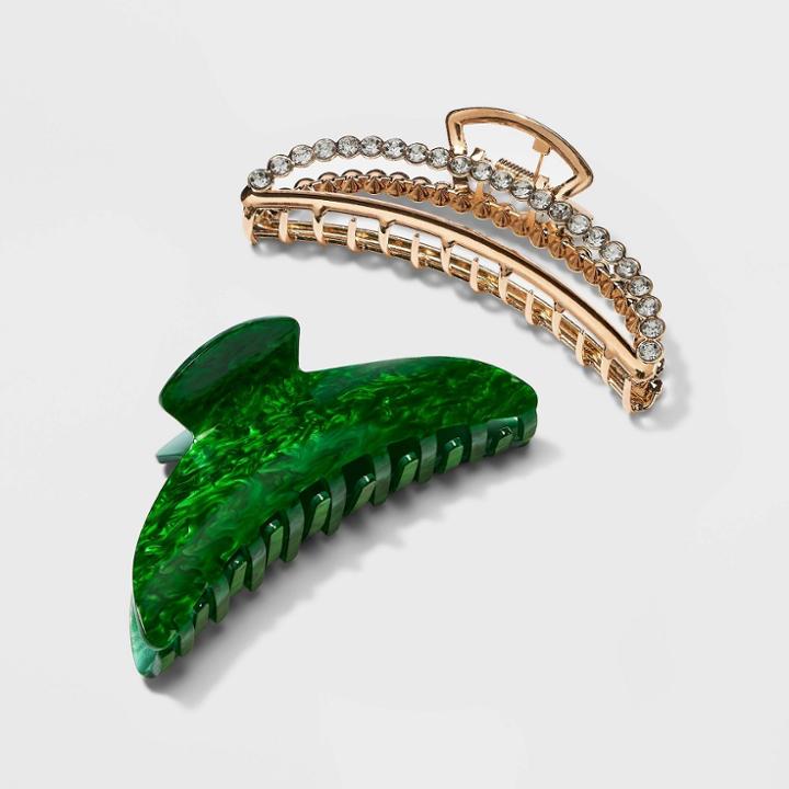 Rhinestone Claw Hair Clip 2pc - A New Day Green/gold
