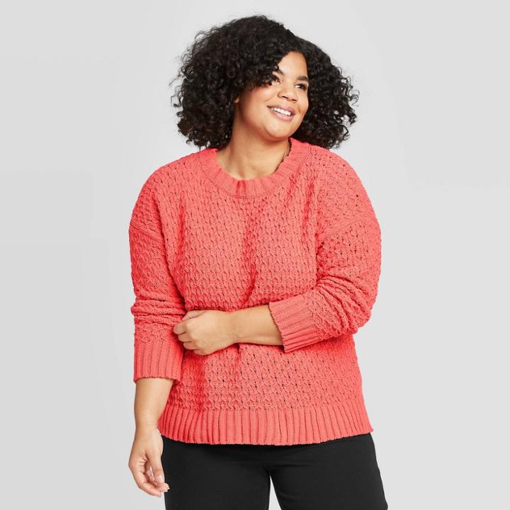Women's Plus Size Crewneck Textured Pullover Sweater - A New Day Light Red 1x, Women's,