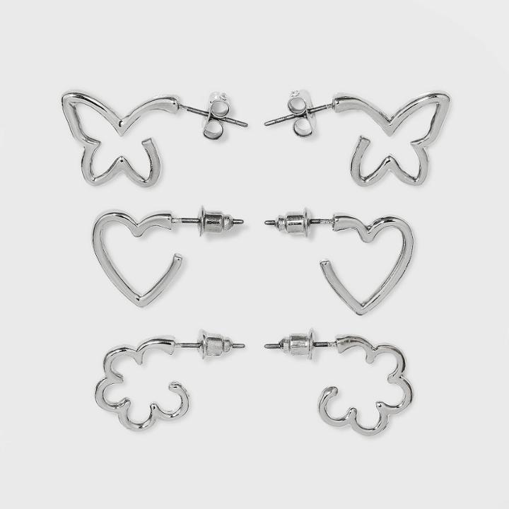 Butterfly Heart And Flower Hoop Trio Earring Set- Wild Fable