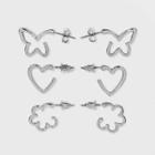 Butterfly Heart And Flower Hoop Trio Earring Set- Wild Fable