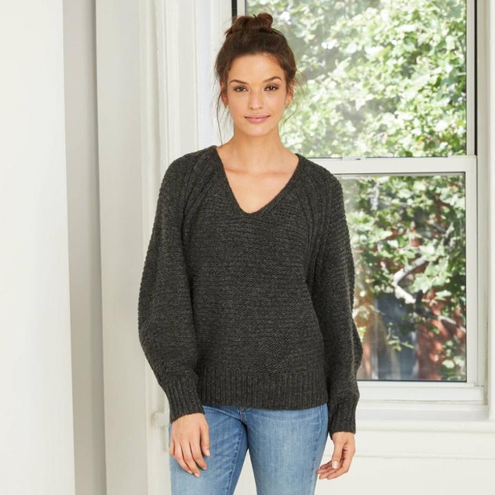 Women's Balloon Sleeve V-neck Pullover Sweater - Universal Thread Charcoal Heather