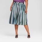 Women's Plus Size Striped Pleated Midi Skirt - Ava & Viv Green