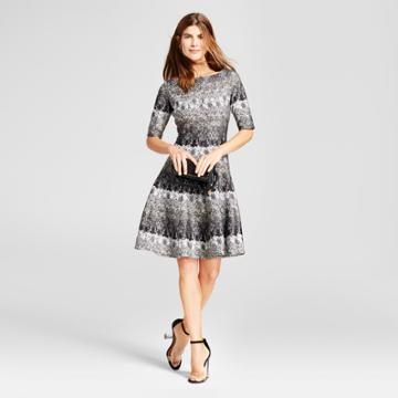 Women's Printed Elbow Sleeve Scuba Dress - Melonie T Black/ivory