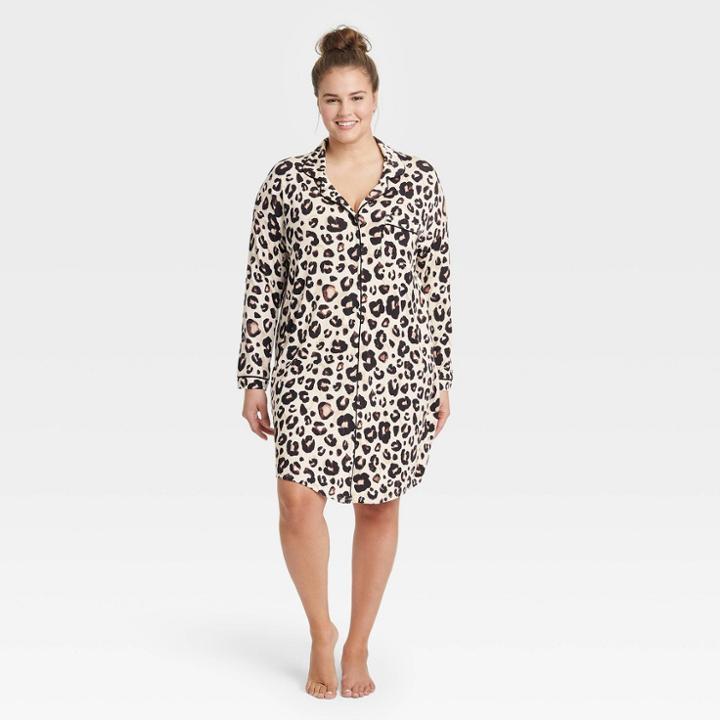 Women's Plus Size Leopard Print Beautifully Soft Notch Collar Nightgown - Stars Above