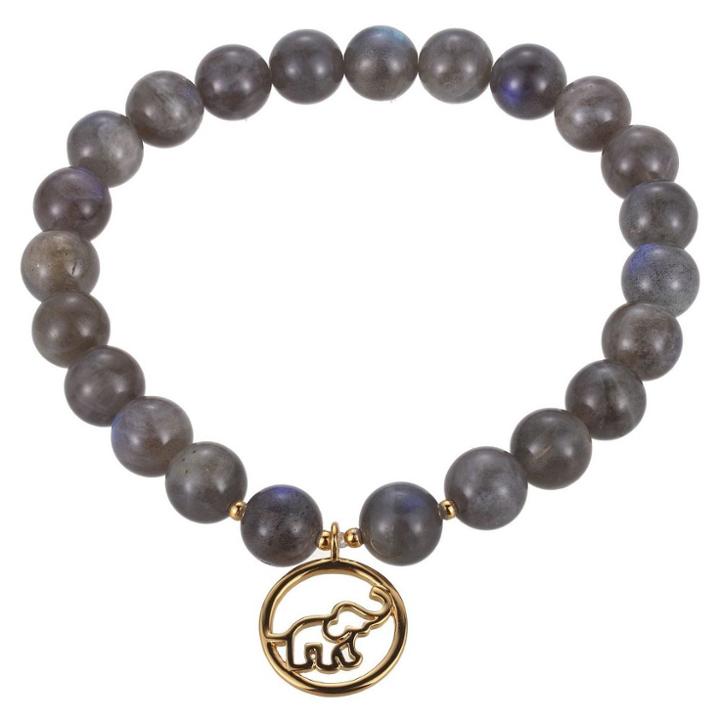 Prime Art & Jewel Genuine Labradorite With 18k Gold Over Silver Plated Bronze Elephant Charm Beaded Stretch Bracelet - 6.5, Girl's, Gray