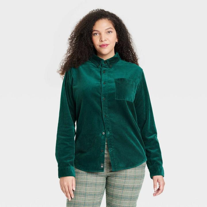 Houston White Adult Plus Size Corduroy Long Sleeve Button-down Shirt - Green