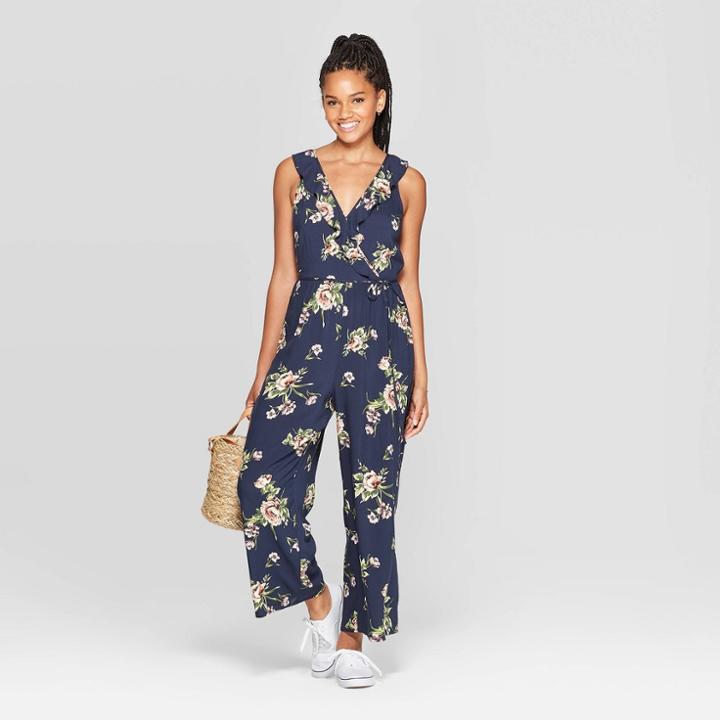 Women's Floral Print Sleeveless Deep V-neck Ruffle Wrap Cropped Jumpsuit - Xhilaration Navy Xs, Women's, Blue