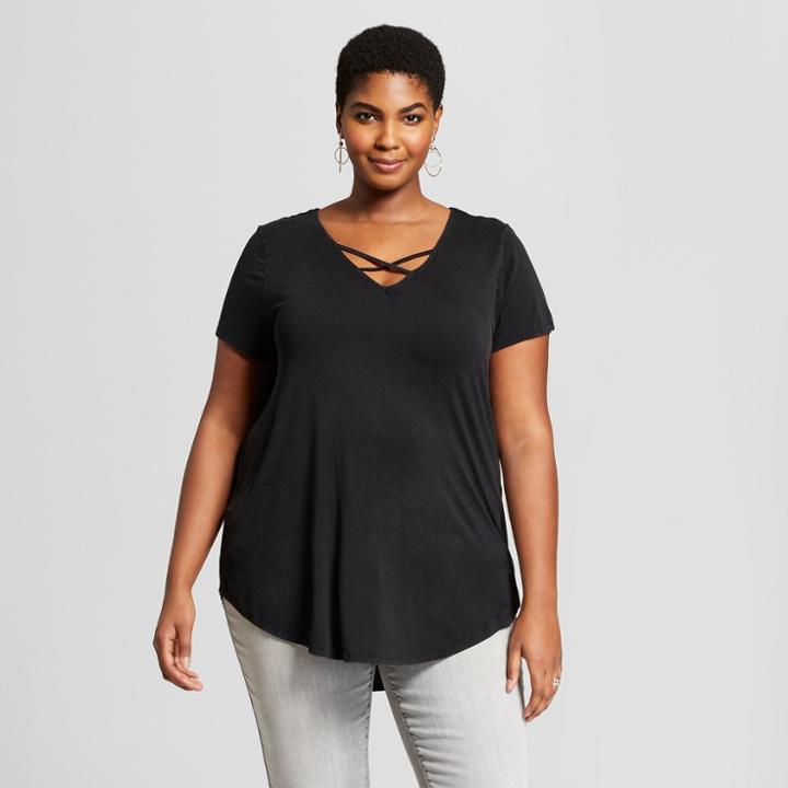 Women's Plus Size Short Sleeve Cross Front Drapey T-shirt - Ava & Viv Black X