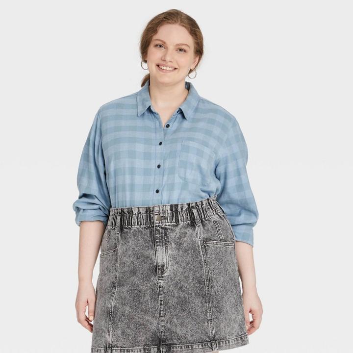 Women's Plus Size Long Sleeve Flannel Button-down Shirt - Universal Thread Blue Plaid