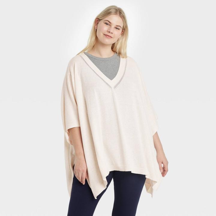 Women's Plus Size V-neck Knit Poncho - A New Day Heather Cream One Size, Grey Ivory