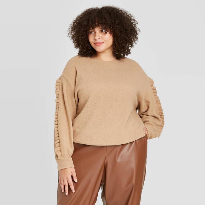 Women's Plus Size Ruffle Sleeve Sweatshirt - A New Day Tan