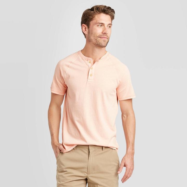 Men's Standard Fit Short Sleeve Henley T-shirt - Goodfellow & Co Peach S, Men's, Size: