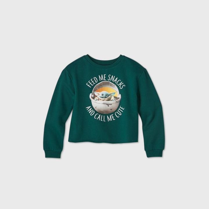 Girls' Star Wars Baby Yoda 'feed Me Snacks And Call Me Cute' Pullover Sweatshirt - Green