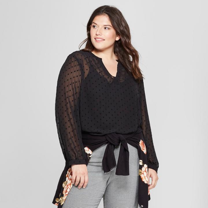 Women's Plus Size Polka Dot Chiffon Long Sleeve Blouse - A New Day Black X