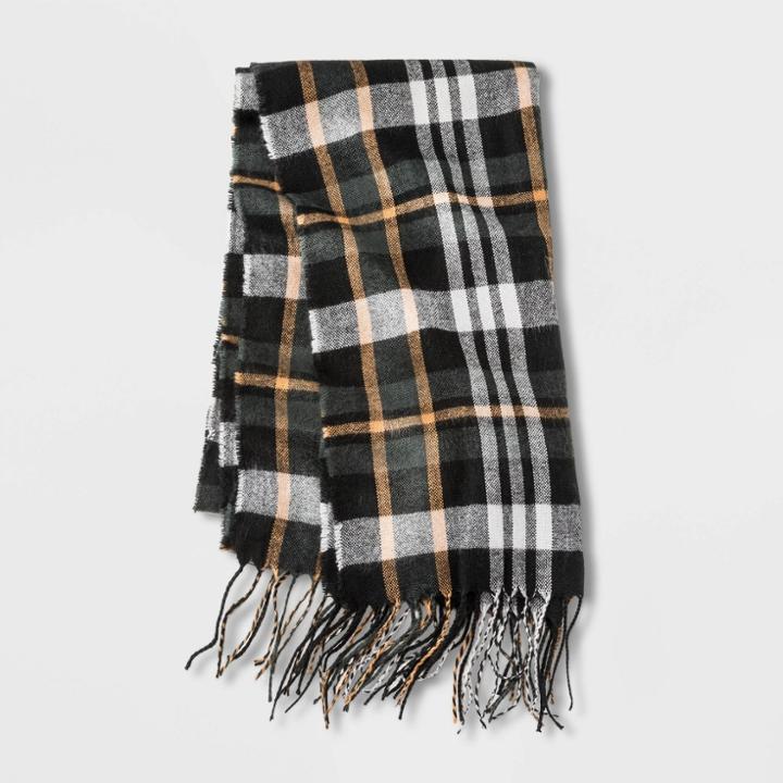 Men's Plaid Woven Scarf - Goodfellow & Co Forest, Size: Small, Green Brown Black