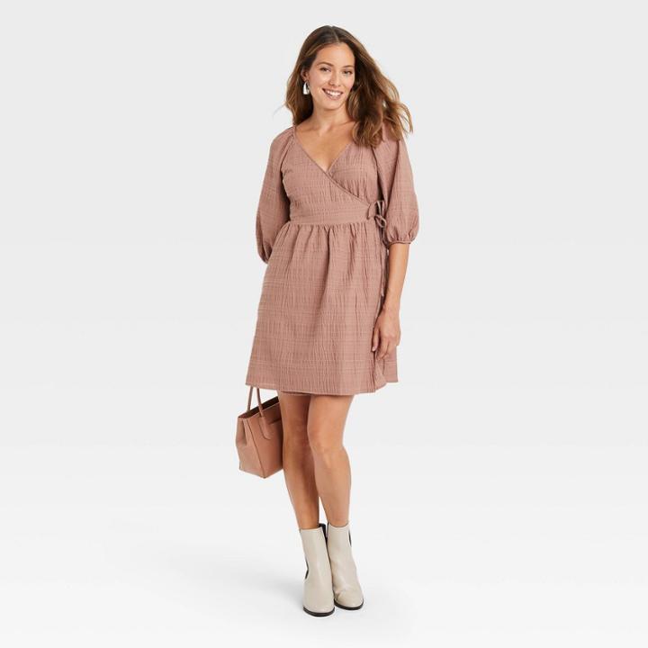Women's Balloon Elbow Sleeve Tie Waist Wrap Dress - A New Day Brown