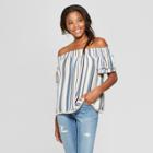 Women's Striped Short Sleeve Tiered Off The Shoulder Top - Xhilaration Blue