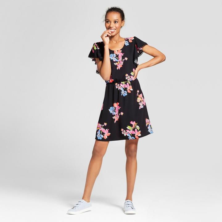 Women's Floral Ruffle Sleeve Dress - A New Day Black