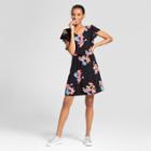 Women's Floral Ruffle Sleeve Dress - A New Day Black