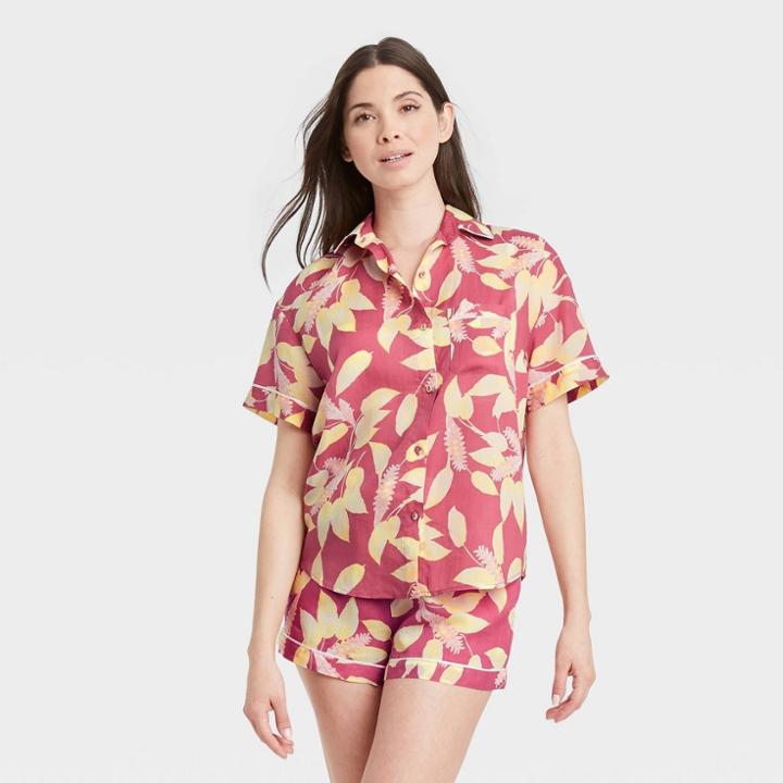 Women's Floral Print Simply Cool Short Sleeve Button-up Shirt - Stars Above Pink