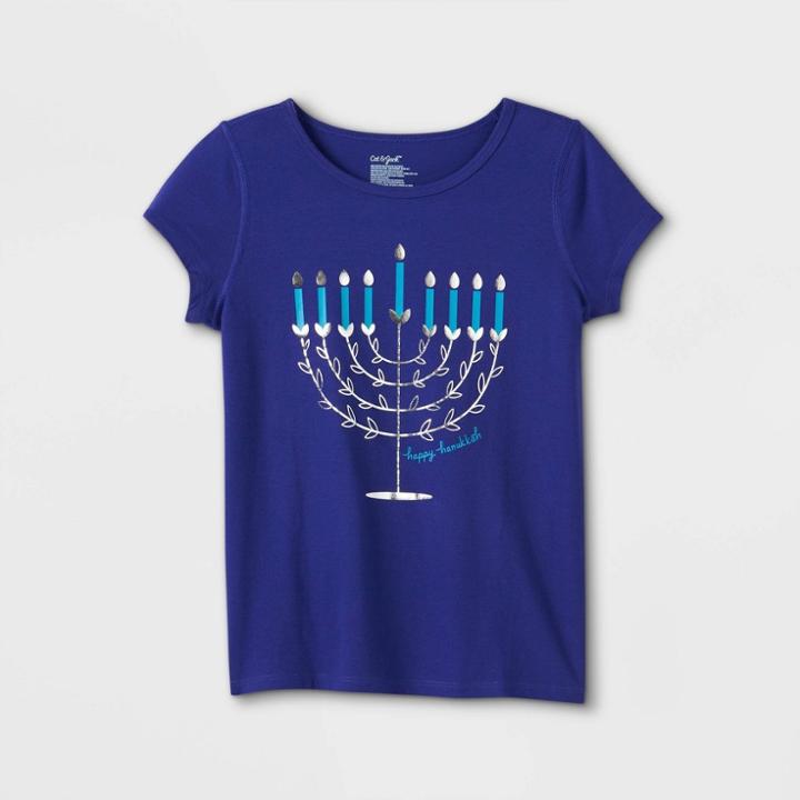 Girls' Adaptive Hanukkah Menorah Short Sleeve Graphic T-shirt - Cat & Jack Blue