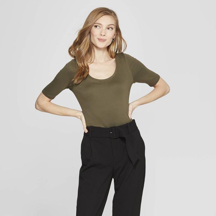 Women's Elbow Length Fitted T-shirt - A New Day Olive (green)