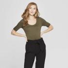Women's Elbow Length Fitted T-shirt - A New Day Olive (green)