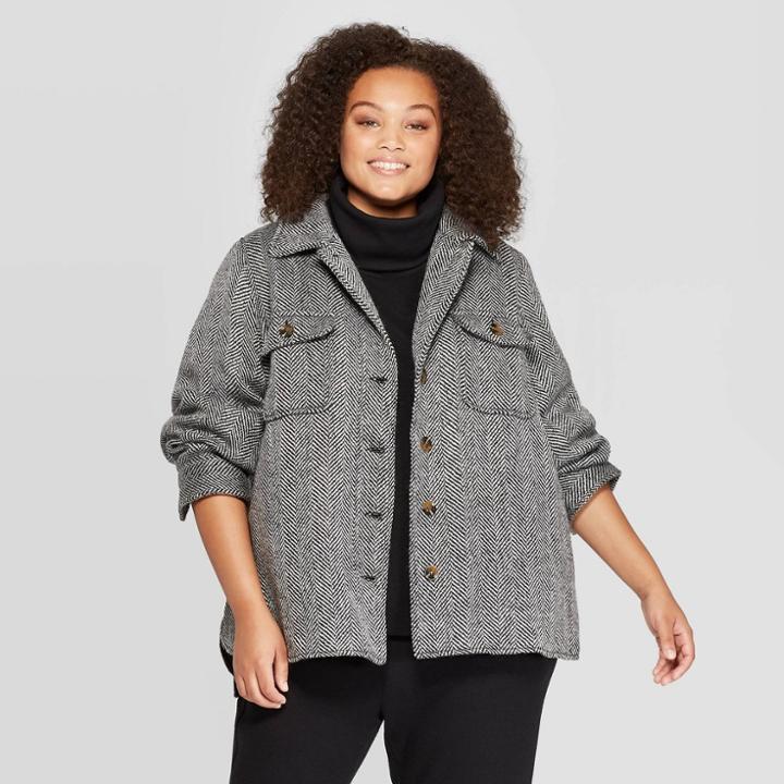 Women's Plus Size Long Sleeve Front Button-down Coat - Who What Wear Black/white