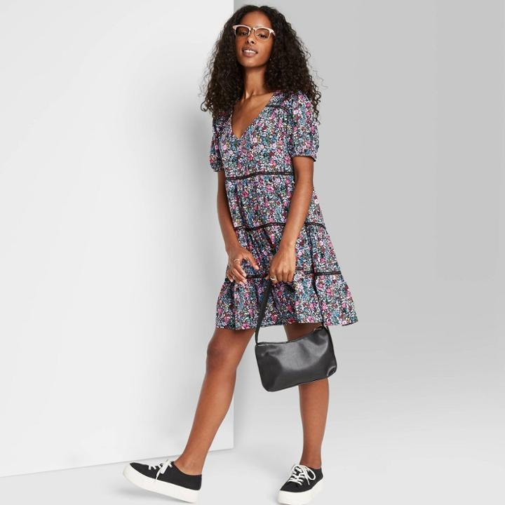 Women's Floral Print Short Sleeve Tiered Babydoll Dress - Wild Fable Black/purple