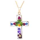 Distributed By Target Women's Gold Over Sterling Silver Pressed Flowers Cross Pendant (18),