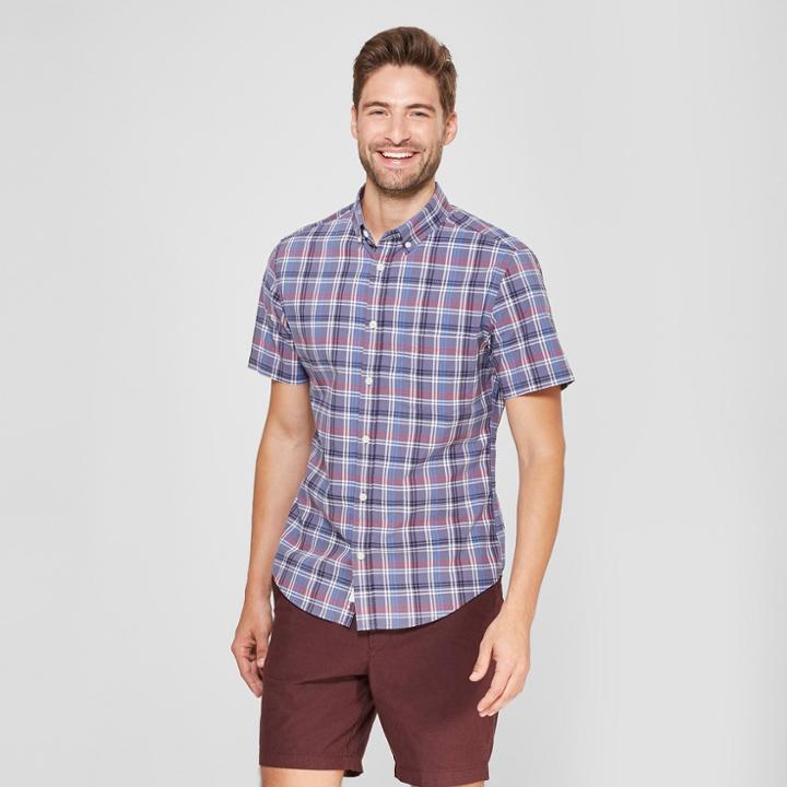 Men's Plaid Slim Fit Short Sleeve Soft Wash Button-down Shirt - Goodfellow & Co Blue Dusk