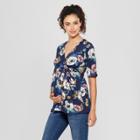 Macherie Maternity Floral Elbow Sleeve V-neck Printed Top - Ma Cherie Navy S, Women's, Blue