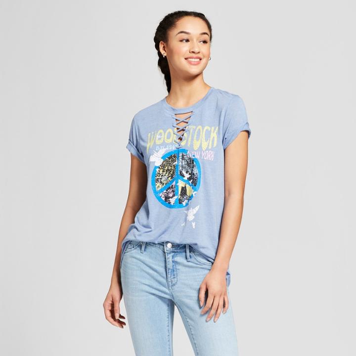 Woodstock Music & Art Fair Women's Woodstock Lace-up Short Sleeve Graphic T-shirt - Woodstock Fair (juniors') Blue
