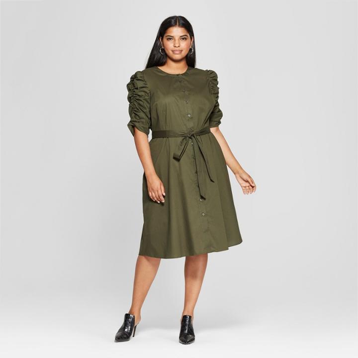 Women's Plus Size Short Shirred Sleeve Dress - Who What Wear Olive X, Green