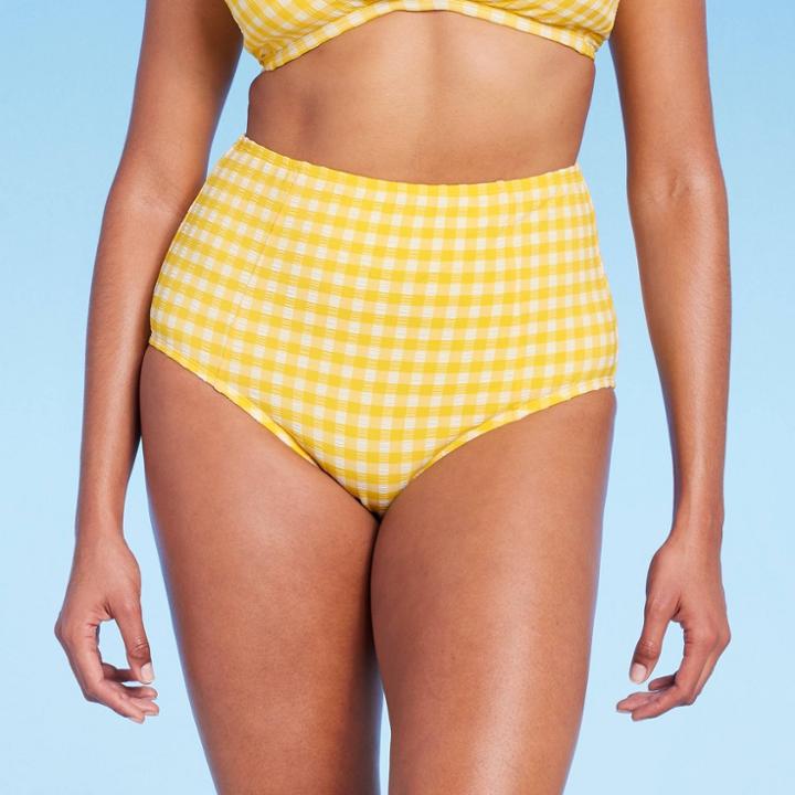 Kona Sol Women's Textured Gingham High Waist Full Coverage Bikini Bottom - Kona