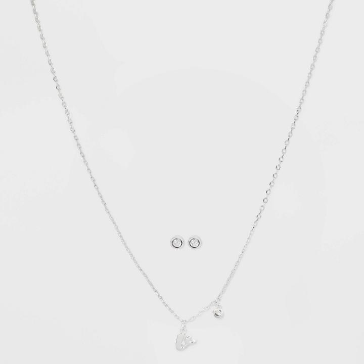 Silver Plated Cubic Zirconia Initial 'v' Chain Pendant Necklace And Earring Set - A New Day