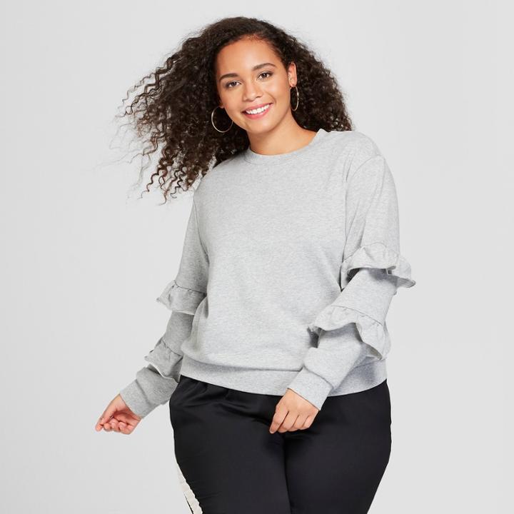 Women's Plus Size Long Sleeve Flounce Trim Sweatshirt - Who What Wear Gray 1x,