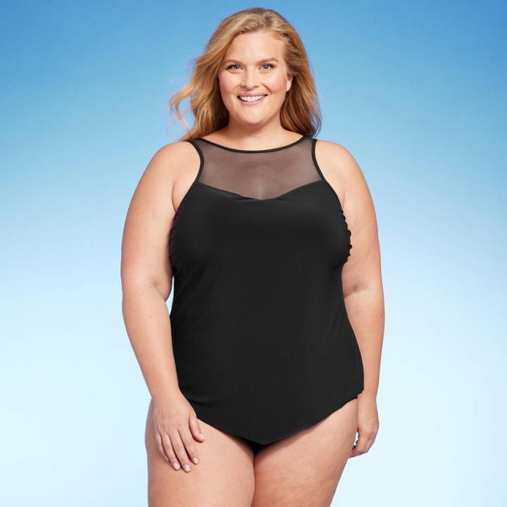 Women's Plus Size High Neck Mesh Tankini Top - Aqua Green Black