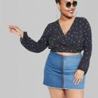 Women's Plus Size Polka Dot Long Sleeve Wrap Front Crop Top - Wild Fable Blue