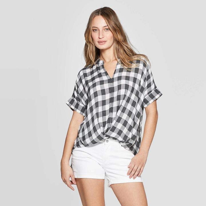 Women's Plaid Short Sleeve V-neck Wrap Front Top - Universal Thread Black