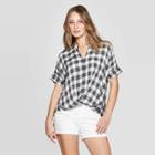 Women's Plaid Short Sleeve V-neck Wrap Front Top - Universal Thread Black